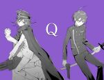 2boys ahoge buttons cape collared_jacket commentary danganronpa_(series) danganronpa_v3:_killing_harmony explosive eyelashes flipped_hair grenade greyscale_with_colored_background gun hair_between_eyes hat highres holding holding_grenade holding_gun holding_sword holding_weapon jacket katana long_sleeves looking_at_another male_focus medicinez00 medium_hair military_hat multiple_boys oma_kokichi pants peaked_cap pinstripe_jacket pinstripe_pants pinstripe_pattern purple_background q_(vocaloid) saihara_shuichi short_hair simple_background sketch smile striped_clothes sword weapon 