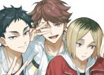  3boys absurdres akaashi_keiji black_hair blonde_hair brown_eyes brown_hair closed_mouth commentary_request haikyuu!! highres hood hoodie jacket kozume_kenma looking_at_viewer looking_to_the_side male_focus multicolored_hair multiple_boys oct_ten3 oikawa_tooru_(haikyuu!!) one_eye_closed open_clothes open_jacket open_mouth red_jacket roots_(hair) short_hair simple_background slit_pupils two-tone_hair unzipped v white_background white_hoodie 
