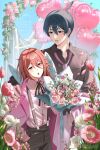  2boys absurdres alternate_costume angel angel_devil_(chainsaw_man) angel_wings arch balloon belt black_belt black_hair black_shirt blush bouquet chainsaw_man collared_shirt commentary earrings floral_arch flower hair_between_eyes halo hand_in_pocket hayakawa_aki heart_balloon height_difference highres holding holding_bouquet husband_and_husband jacket jacket_on_shoulders jewelry kiring_xox long_hair looking_at_another looking_at_viewer male_focus multiple_boys neck_ribbon necktie pants pink_necktie pink_pants ribbon shirt short_hair suit_jacket suspenders symbol-only_commentary topknot traditional_halo watermark wedding white_wings wings yaoi 
