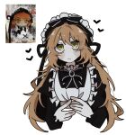  1444tmt 1girl :| absurdres apron black_bow black_dress black_ribbon blush bow bowtie closed_mouth collar cropped_torso dress expressionless freckles frilled_apron frilled_collar frills green_eyes hair_bow hair_ribbon heart highres ishmael_(project_moon) limbus_company long_hair long_sleeves looking_at_viewer maid_apron maid_headdress orange_hair own_hands_together photo-referenced photo_inset project_moon ribbon simple_background solo straight-on upper_body white_background 