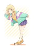  1girl absurdres bare_legs bent_over blonde_hair blue_skirt blush braid commentary_request fujita_kotone full_body gakuen_idolmaster highres idolmaster jacket leaning_forward light_smile long_hair looking_at_viewer morita_(mofuball319) multicolored_jacket open_clothes open_jacket plaid_clothes plaid_skirt pleated_skirt shirt shoes skirt sneakers socks solo sparkle twin_braids w white_socks yellow_eyes yellow_shirt yellow_shoes 