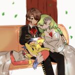 2023 3_fingers accessory ahoge anniversary anthro armwear beads bench braided_hair breasts bridal_gauntlets brown_eyes brown_hair caressing_head cleavage clothed clothing delphox digit_ring dress ear_piercing ear_ring eyes_closed facial_hair facial_scar falling_leaves female fingers flower flower_in_hair fur gardevoir generation_3_pokemon generation_6_pokemon green_hair group hair hair_accessory hand_on_belly head_on_lap heart_ahoge heart_necklace hi_res human humanoid husband_and_wife_and_wife isabel_(atomic417) jewelry lap_pillow male mammal mariachi mariachi_suit markings mole_(marking) mole_on_breast mole_under_eye multiple_pregnancies nintendo on_lap piercing plant pokemon pokemon_(species) prayer_beads pregnant pregnant_female ring ring_piercing rosary rosse_chan salvador_(atomic417) sandwiched scar signature sleeping soledad_(atomic417) trio wedding_ring white_clothing white_dress yellow_body yellow_fur