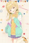  1girl 2026 absurdres black_ribbon blonde_hair blue_skirt blush braid bunting commentary_request dated fang fujita_kotone grid_background hair_ribbon hand_on_own_chest head_tilt heart highres hood hooded_jacket idolmaster jacket long_hair looking_at_viewer multicolored_jacket plaid_clothes plaid_skirt pleated_skirt ribbon rottensprite shirt shoes signature skin_fang skirt smile socks solo standing standing_on_one_leg translation_request twin_braids white_socks yellow_eyes yellow_shirt yellow_shoes 