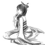  antaria chinese_clothes greyscale hair_ornament hanfu long_hair monochrome original signature simple_background sitting sketch solo white_background 
