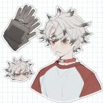  1boy black_streaks closed_mouth colored_tips commentary cropped_torso gachiakuta gloves grey_hair grid_background highres looking_at_viewer male_focus multicolored_hair outline red_eyes rudo_surebrec ruya098765 short_hair simple_background solo sticker streaked_hair two-tone_hair white_outline 
