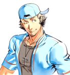 1boy backwards_hat baseball_cap black_hair black_shirt blue_hat blue_shirt closed_mouth commentary cross cross_necklace facial_hair goatee_stubble hat highres iori_junpei jewelry looking_at_viewer male_focus necklace oldkin one_eye_closed open_clothes open_shirt persona persona_3 persona_4:_the_ultimate_in_mayonaka_arena shirt short_hair short_sleeves simple_background smile solo stubble unfinished white_background 