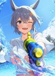  1girl absurdres animal_ears blue_eyes blue_sky cathy_idx cloud commentary_request day grey_hair highres holding holding_water_gun horse_ears horse_girl looking_at_viewer ocean one_eye_closed outdoors palm_tree seiun_sky_(umamusume) shirt short_hair sky smile solo summer swimsuit tied_shirt tree umamusume water water_gun 