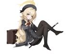  1girl absurdres beret black_coat black_hat black_pantyhose black_sailor_collar black_serafuku blonde_hair blue_archive bow bowtie cane coat commentary_request fluffy_hair green_eyes hair_intakes halo hat highres holding holding_cane knees_up long_hair looking_at_viewer no_shoes open_clothes open_coat pantyhose professor_niyaniya_(blue_archive) red_bow red_bowtie sailor_collar school_uniform serafuku side_ahoge smile solo suitcase white_background xiaoxiaoyifan yellow_halo 