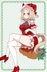  1girl absurdres animal_ears bare_shoulders blonde_hair blush breasts carrot closed_mouth commentary_request crossed_legs dress ear_covers ears_through_headwear fur-trimmed_dress fur-trimmed_headwear fur_trim hat highres horse_ears horse_girl horse_tail looking_at_viewer medium_breasts narita_top_road_(umamusume) purple_eyes red_dress red_hat santa_costume santa_dress santa_hat shoes short_hair sitting smile solo tail thighhighs thighs umamusume vandy76 white_thighhighs 