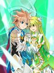  1girl armor blue_eyes brown_hair chung_seiker couple deadly_chaser_(elsword) elsword gauntlets gloves grand_archer_(elsword) green_background green_eyes green_hair hetero highres holding_hands ivy60530 long_hair pointy_ears ponytail rena_(elsword) skirt smile spiked_hair symbol-shaped_pupils white_gloves 