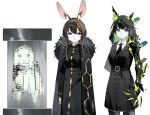  3girls absurdres amiya_(arknights) animal_ears arknights baral_(project_moon) baral_(project_moon)_(cosplay) binah_(project_moon) binah_(project_moon)_(cosplay) black_cape black_coat black_necktie blue_eyes brown_hair cape closed_mouth coat collared_shirt commentary cosplay fur_collar gold_trim hexagon_print highres kal'tsit_(arknights) library_of_ruina looking_at_viewer luda_(project_moon) luda_(project_moon)_(cosplay) mon3tr_(arknights) monster_energy multiple_girls necktie project_moon rabbit_ears shenmi_de_xigua shirt sidelocks simple_background white_background white_shirt 