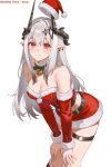  1girl absurdres alternate_costume arknights bare_shoulders bell breasts chinese_commentary christmas cleavage commentary_request fur-trimmed_skirt fur-trimmed_sleeves fur_trim grey_hair hair_between_eyes hands_on_own_knees hat highres long_hair long_sleeves looking_at_viewer medium_breasts miniskirt mudrock_(arknights) neck_bell pointy_ears red_eyes red_skirt red_sleeves santa_hat simple_background skirt skydrop smile solo thigh_strap white_background 