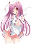  animal_ears bad_id bad_pixiv_id blush breasts bunny bunny_ears chimunge cosplay detached_sleeves highres kochiya_sanae kochiya_sanae_(cosplay) large_breasts long_hair one_eye_closed panties purple_hair red_eyes reisen_udongein_inaba simple_background skirt solo striped striped_panties thighhighs touhou underwear white_background white_legwear 