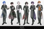  6+boys adjusting_clothes adjusting_gloves ahoge amayume_remu animal_print arkhe belt belt_buckle biting biting_glove black_belt black_boots black_border black_choker black_coat black_gloves black_hair black_hat black_necktie black_pants black_shoes black_shorts black_skirt black_suit black_vest blue_coat blue_hair bolo_tie boots border brooch brown_pantyhose buckle butler cat_o-ring charlo_(chrono_reverse) choker chrono_reverse closed_mouth coat collar_chain_(jewelry) colored_inner_hair commentary_request contrast_lapels copyright_notice cross_tie cup curtained_hair earrings full_body gloves gold_trim green_coat green_eyes green_hair grey_eyes grey_vest grin gun hair_between_eyes hair_ornament hairclip hand_on_own_elbow hand_on_own_hip hand_on_own_stomach hand_up handgun hands_on_own_hips hat hat_ornament holding holding_tray holster jewelry kaname_(chrono_reverse) key key_necklace knee_boots lace-up_boots lapel_pin lapels letterboxed lineup long_sleeves looking_at_viewer male_focus medium_hair mismatched_earrings monk_shoes mullet multicolored_hair multiple_boys necklace necktie notched_lapels o-ring o-ring_thigh_strap official_art one_eye_closed open_clothes open_coat orange_coat orange_eyes orange_hair orange_vest oxfords panj_(tsubaki_panse) pants pantyhose parted_lips patterned_hair pink_coat pink_hair pocket_square pocket_watch purple_coat purple_eyes purple_hair red_coat red_pupils sample_watermark shino_(chrono_reverse) shirt shoes short_hair shorts shorts_under_skirt simple_background skirt sleeve_cuffs smile standing streaked_hair striped_coat stud_earrings suit tailcoat teacup teapot thigh_belt thigh_holster thigh_strap tiger_print towel towel_on_arm tray trilby tuxedo_shirt two-sided_coat two-sided_fabric urumiya v-shaped_eyebrows vest wallet_chain watch watermark weapon white_background white_gloves white_hair white_shirt wingtip_collar x_hair_ornament yellow_eyes 