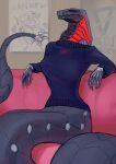 2024 anagram anthro apode black_sclera bottomless breasts claws clothed clothing colored_sketch dated digital_media_(artwork) draconcopode elbows_on_furniture english_text exoskeleton fangs female furniture glowing glowing_eyes glowing_hood grey_body grey_wall hi_res leaning_on_object legless looking_at_viewer looking_from_above metallic_body multicolored_body naga non-mammal_breasts on_sofa pink_sofa poster pupils purple_body purple_clothing purple_sweater purple_topwear purple_turtleneck red_eyes reptile robot_anthro scales scalie segmented_body segmented_neck segmented_tail serpentine signature sitting sitting_on_sofa sketch smile smiling_at_viewer smirk smirking_at_viewer snake snake_hood snake_naga sofa solo sweater tail_claws teeth text three-quarter_view topwear turtleneck unusual_pupils ventral_scales wall_(structure) xen_(xenthetechnomorph) xenthetechnomorph