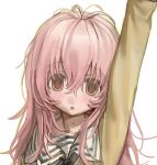  1girl :o arm_up blush brown_eyes commentary_request cropped empty_eyes hair_between_eyes highres kimi_to_kanojo_to_kanojo_no_koi. kofi-mo long_hair looking_at_viewer messy_hair mukou_aoi_(totono) parted_lips pink_hair portrait sailor_collar shirt simple_background solo white_background white_sailor_collar yellow_shirt 