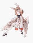  1girl animal_ears black_shoes blue_eyes bonnet brown_bonnet china_dress chinese_clothes chinstrap closed_mouth commentary_request dated dress feathered_wings full_body grey_hair grey_wings highres limo_nine long_hair looking_at_viewer original rabbit_ears shoes short_dress signature simple_background sitting sleeves_past_fingers sleeves_past_wrists solo swept_bangs white_background wings 