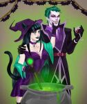  1boy 1girl alcohol animal_ears batman_(series) black_dress black_gloves black_hair black_lips brittany_brittanyredinger cat_ears cat_tail cauldron choker colored_skin commentary cup dc_comics dress drinking_glass fangs glass gloves green_eyes green_hair grin hat holding punchline_(dc) red_eyes smile symbol-only_commentary tail vampire_costume white_skin wine wine_glass witch_hat 