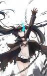  arm_up bad_id bad_pixiv_id bare_legs belt bikini_top black_gloves black_hair black_rock_shooter black_rock_shooter_(character) blue_eyes burning_eye chain choker gloves glowing glowing_eye hand_up highres hips jacket long_hair looking_up midriff navel open_clothes open_jacket outstretched_arm pale_skin scar severed_limb short_shorts shorts solo twintails very_long_hair zhuxiao517 zipper 