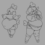 2025 animal_crossing anthro aortauricle belly big_belly big_breasts bodily_fluids breasts canid canine canis clipboard clothed clothing domestic_dog eyes_closed female flying_sweatdrops greyscale hair hair_over_eye holding_clipboard holding_object isabelle_(animal_crossing) mammal monochrome navel nintendo open_mouth open_smile overweight overweight_anthro overweight_female shih_tzu smile solo sweat sweatdrop t-pose tail toy_dog