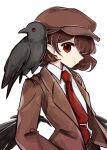  1girl animal_on_shoulder bird bird_on_shoulder black_bird black_jacket black_wings brown_hat brown_jacket closed_mouth collared_shirt commentary crow flat_cap hat highres jacket long_sleeves looking_at_viewer medium_hair necktie official_alternate_costume open_clothes open_jacket pointy_ears red_eyes red_necktie shameimaru_aya shameimaru_aya_(newsboy) shirt simple_background smile solo tama_(hiroshige_36) tie_clip touhou twitter_username white_background white_shirt wings 