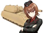  1girl black_hat black_jacket breasts brown_eyes brown_hair cardboard commentary_request cross crossed_arms eyes_visible_through_hair garrison_cap girls_und_panzer hair_between_eyes hat highres iron_cross jacket kuromorimine_military_uniform large_breasts long_sleeves looking_at_viewer maus_(tank) military military_hat military_jacket military_uniform military_vehicle motor_vehicle nishizumi_maho red_shirt serious shirt short_hair simple_background solo tank upper_body white_background zaofeng 