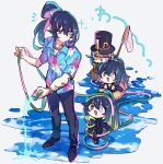  4boys aqua_eyes armor black_armor black_coat black_eyes black_hair black_hat blue_shirt butterfly_net closed_mouth coat collared_shirt commentary dieci_association_south_uniform folded_ponytail hair_ornament hair_scrunchie hand_net hat hawaiian_shirt heterochromia highres holding holding_hose hong_lu_(project_moon) hose innertube k_corp._(identity)_(project_moon) limbus_company multiple_boys multiple_persona project_moon reflection reflective_liquid scrunchie shiki_(shikki46) shirt simple_background swim_ring symbol-only_commentary tingtang_gang_(identity)_(project_moon) top_hat white_background white_scrunchie yurodiviye_(identity)_(project_moon) 