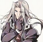  1boy 20x26tks armor black_coat black_gloves bracelet chest_strap closed_mouth coat commentary_request dated final_fantasy final_fantasy_vii final_fantasy_vii_remake fingers_to_cheeks gloves grey_hair jewelry long_hair long_sleeves looking_at_viewer male_focus parted_bangs sephiroth shoulder_armor simple_background solo upper_body v 
