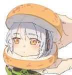  1girl 1other 53c_(ray_cordova) anby_demara bread brown_eyes closed_mouth commentary english_commentary food grey_hair headphones out_of_frame simple_background white_background zenless_zone_zero 