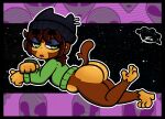 alien ambiguous_gender anthro beanie belly bloons_tower_defense bottomless brown_body brown_fur brown_hair cat_ear_headwear clothed clothing digital_media_(artwork) docked_tail ear_piercing eyebrows feet female fur glistening glistening_body glistening_eyes green_eyes hair haplorhine hat headgear headwear hi_res lipstick looking_back lying makeup mammal monkey narrowed_eyes ninja_kiwi on_front piercing pierogipie primate short_tail slightly_chubby solo space star sweater tail thick_eyebrows tired toes topwear unimpressed