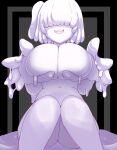  1girl breasts colored_skin facing_viewer hair_over_eyes highres hikyou_takarasou large_breasts liquid_hair long_bangs monster_girl no_nipples nude open_mouth original purple_skin sitting slime_(creature) slime_(substance) slime_girl stomach 