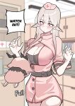  1girl absurdres belt belt_buckle black_belt blurry blurry_background blush breasts buckle cleavage cleavage_cutout closed_mouth clothing_cutout commentary cowboy_shot creature double-parted_bangs dress elf english_commentary english_text falling grey_hair hands_up hat highres indoors large_breasts long_hair looking_at_creature mirui09 nurse nurse_cap original pink_dress pink_hat pointy_ears red_eyes short_sleeves solo speech_bubble talking 