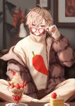  18trip 1boy absurdres antenna_hair blonde_hair brown_coat cake coat coat_partially_removed commentary_request cup drinking_glass flower food fruit grey_pants hair_ornament hair_slicked_back hairclip hand_up highres indian_style indoors kurama_ushio lamp long_sleeves looking_at_viewer pants parfait parfait_glass picture_frame plate red-framed_eyewear red_eyes red_flower removing_eyewear short_hair sitting sleeves_past_wrists solo strawberry strawberry_parfait sweater table tanu_shigureni tongue tongue_out turtleneck turtleneck_sweater vase whipped_cream white_sweater 
