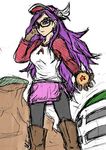  berujaman boots breasts clothes_writing crossover dr._slump dragon_ball dragon_ball_(object) glasses gloves head_wings holding knee_boots long_hair long_sleeves medium_breasts norimaki_arale older pantyhose purple_eyes purple_hair raglan_sleeves sketch skirt solo 