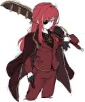  1girl black_gloves brown_shirt coat coat_on_shoulders collared_shirt commentary cosplay cowboy_shot gloves gold_trim gunblade highres jacket kim_nyangpeon lei_heng_(project_moon) lei_heng_(project_moon)_(cosplay) limbus_company long_hair looking_at_viewer over_shoulder pants pink_coat pink_hair pink_jacket pink_pants project_moon shirt sidelocks simple_background solo sword sword_over_shoulder symbol-only_commentary weapon weapon_over_shoulder white_background yuri_(project_moon) 