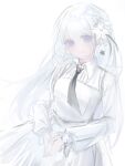  1girl bang_dream! bang_dream!_our_notes black_necktie commentary flower hair_flower hair_ornament hashtag-only_commentary highres long_hair looking_at_viewer necktie own_hands_together purple_eyes shiomi_hotaru shirt shoushud simple_background solo white_background white_hair white_shirt 