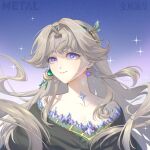  1girl bare_shoulders beryl_bouanich black_cloak blue_background breasts cleavage cloak closed_mouth crescent crescent_earrings crystal_earrings dragonfly_hair_ornament earrings floating_earrings floating_hair gradient_background grey_hair highres jewelry long_hair looking_at_viewer metal_0521 mismatched_earrings portrait purple_eyes reverse:1999 smile solo sparkle 