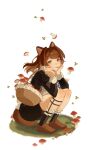  1girl :p animal_ears ankle_strap apron basket black_dress black_socks black_straps blue_ribbon brown_eyes brown_hair brown_ribbon brown_shoes clenched_hands closed_mouth cocoa_(shinyshynii) commentary dress elbow_on_knee english_commentary floating_hair frilled_apron frills grass hair_ribbon hands_on_own_cheeks hands_on_own_face highres juliet_sleeves light_blush long_hair long_sleeves looking_at_viewer mole mole_under_eye mushroom neck_ribbon original puffy_sleeves ribbon shinyshynii shoes simple_background smile socks solo sprout swept_bangs tail tongue tongue_out vignetting white_apron white_background white_wrist_cuffs wolf_ears wolf_girl wolf_tail wrist_cuffs 