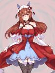  1girl absurdres animal_ears bare_shoulders black_thighhighs blush breasts brown_hair closed_mouth collarbone commentary_request detached_sleeves dress ear_covers ear_ribbon hair_between_eyes hair_ornament highres horse_ears horse_girl long_hair looking_at_viewer red_dress red_eyes red_ribbon ribbon small_breasts smile solo still_in_love_(scarlet_vow_raiment)_(umamusume) still_in_love_(umamusume) thighhighs umamusume vandy76 veil white_streaks white_veil 