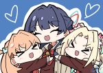  >_< 3girls :d ^_^ absurdres aqua_hair blonde_hair blue_background blush brown_cardigan brown_dress cardigan chibi chibi_only closed_eyes commentary dress fang gradient_hair group_hug hair_ornament half_updo hashtag-only_commentary hasu_no_sanrenka hasu_no_sora_school_uniform heart highres hinoshita_kaho hug link!_like!_love_live! long_sleeves love_live! mole mole_on_neck multicolored_hair multiple_girls murano_sayaka neckerchief oofushi_ao open_cardigan open_clothes orange_hair osawa_rurino outline rabbit_hair_ornament red_neckerchief sailor_collar sailor_dress school_uniform signature simple_background skin_fang smile two_side_up virtual_youtuber white_outline white_sailor_collar winter_uniform xd 