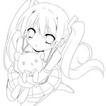  detached_sleeves from_above greyscale hatsune_miku lineart long_hair monochrome necktie skirt solo stuffed_animal stuffed_toy teddy_bear thighhighs twintails vocaloid yumemomosaka zettai_ryouiki 