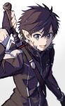  1boy absurdres arm_up black_hair black_jacket commentary_request fur-trimmed_jacket fur_trim hair_between_eyes highres holding holding_behind_back holding_sword holding_sword_behind_back holding_weapon holding_weapon_behind_back jacket kirito long_sleeves looking_at_viewer male_focus open_mouth short_hair simple_background solo sword sword_art_online toramaru_(696anna) upper_body weapon white_background 