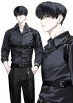  1boy belt belt_buckle black_belt black_eyes black_hair black_pants black_shirt buckle buttons chest_harness collared_shirt dress_shirt hands_in_pockets harness highres key long_sleeves looking_at_viewer male_focus mole mole_under_mouth multiple_views original pants parted_lips shirt shirt_tucked_in short_hair simple_background standing ugonba_(howatoro) watch white_background wristwatch 