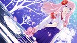  blue_eyes dutch_angle flower hair_flower hair_ornament highres japanese_clothes kimono long_hair megurine_luka minatasiro petals pink_hair solo tears vocaloid 