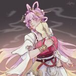  1girl absurdres breasts chinese_clothes chinese_hairstyle closed_mouth commentary diamond-shaped_pupils diamond_(shape) elf elysia_(hi_love_elf)_(honkai_impact) elysia_(honkai_impact) flower grey_background hair_flower hair_ornament hand_fan highres holding holding_fan honkai_(series) honkai_impact_3rd kyunnichii large_breasts long_hair official_alternate_costume pink_hair pointy_ears purple_eyes solo symbol-only_commentary symbol-shaped_pupils very_long_hair 