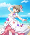  1girl ;d arm_up beach blue_eyes blue_sky blush breasts brown_hair center_opening cloud day dot_nose dress fishnet_gloves fishnets flower game_cg gloves hair_bun hair_flower hair_ornament horizon jewelry layered_skirt looking_at_viewer medium_breasts necklace ocean official_art one_eye_closed open_mouth outdoors outstretched_arm pearl_necklace pink_flower pink_skirt purple_flower purple_rose red_flower red_rose rose short_hair sidelocks single_hair_bun single_off_shoulder skirt sky smile solo string_of_pearls terashita_hoozuki thighhighs third-party_source toji_no_miko toji_no_miko:_kizamishi_issen_no_tomoshibi white_dress white_gloves white_skirt white_thighhighs 