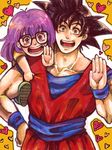  black_hair carrying child creator_connection crossover dr._slump dragon_ball dragon_ball_z glasses green_eyes heart long_hair muscle mutsu_(pongo0062) norimaki_arale piggyback purple_eyes purple_hair son_gokuu spiked_hair 