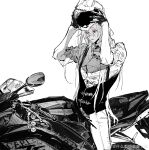  1boy absurdres bad_source bishounen collared_shirt gloves greyscale half_gloves helmet highres holding holding_unworn_helmet long_hair male_focus monochrome motor_vehicle motorcycle motorcycle_helmet on_motorcycle original pants partially_colored pulppunk001 red_eyes shirt sleeves_rolled_up solo source_request spot_color unworn_headwear unworn_helmet very_long_hair vest white_background 