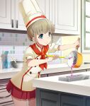  1girl baking blue_eyes brown_hair buttons cabinet chef_hat cooking_pot counter cowboy_shot day double-breasted drawer drink_carton game_cg hat holding holding_cooking_pot holding_spatula indoors kitchen leaning_forward milk_carton mixing_bowl mold_(casting) neckerchief official_art patissier red_neckerchief red_skirt shirt short_hair short_sleeves sidelocks skirt solo spatula terashita_hoozuki third-party_source tile_wall tiles toji_no_miko toji_no_miko:_kizamishi_issen_no_tomoshibi white_hat white_shirt window 
