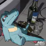  arc_draws artist_name bottle closed_mouth commentary fang fang_out full_body glass half-closed_eyes highres lying no_humans on_back pokemon pokemon_(creature) pokemon_focus red_eyes solo sweat totodile twitter_username watermark 